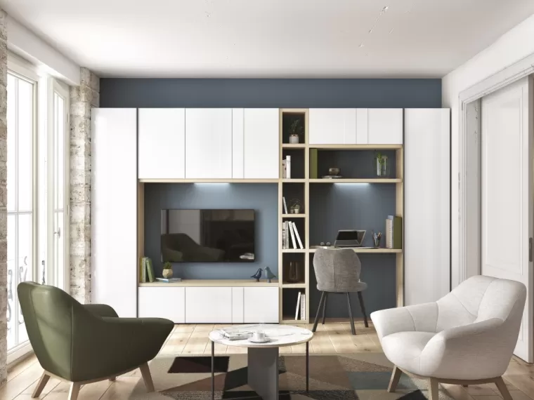 Composition TV imagine avec bureau et bibliothèque de rangement blanc laqué et chêne du bocage