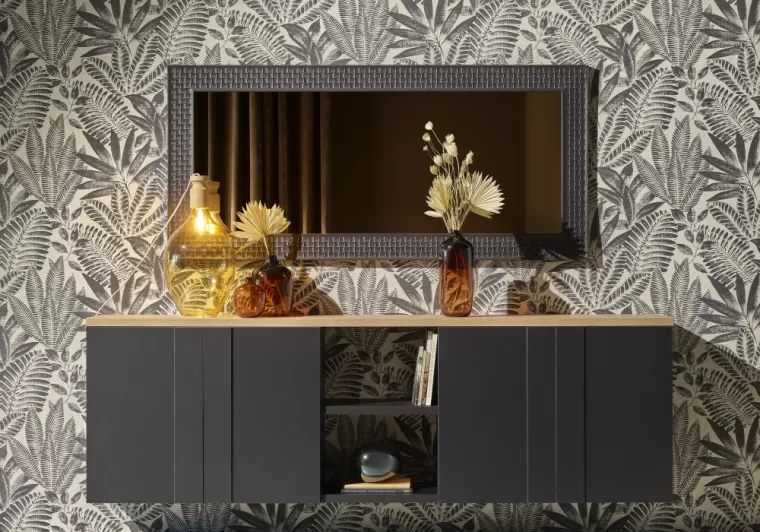 Enfilade Imagine suspendue avec une niche centrale noir et chêne du bocage