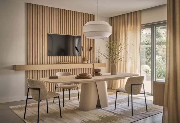 Table extensible convive avec plateau en céramique beige marbré et pied grège