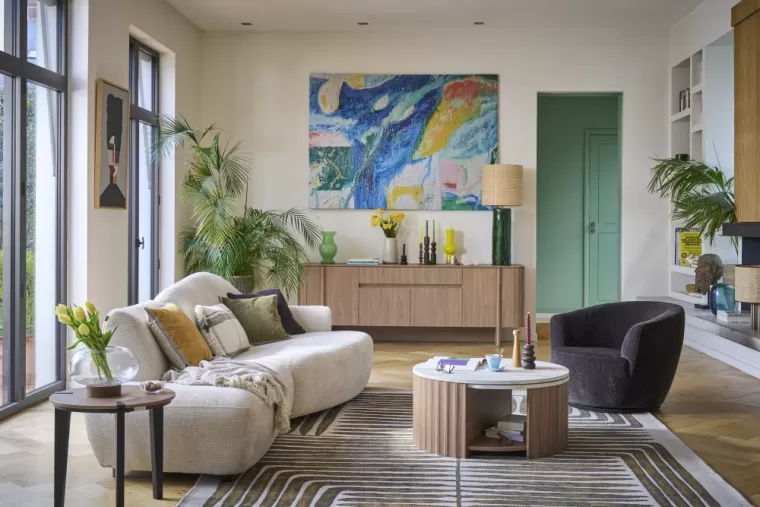 table basse Cannela pied noyer et plateau marbré blanc venato