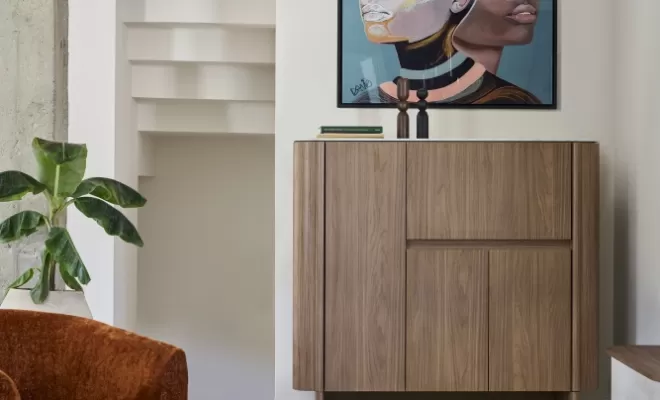 Rangement mi-haut Atoll en coloris Noyer ambré
