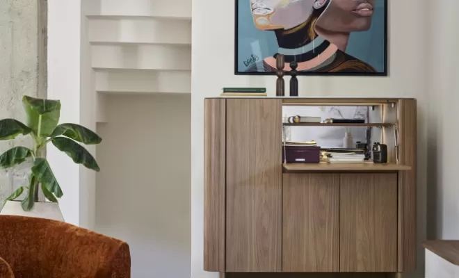 Rangement mi-haut Atoll en coloris Noyer ambré