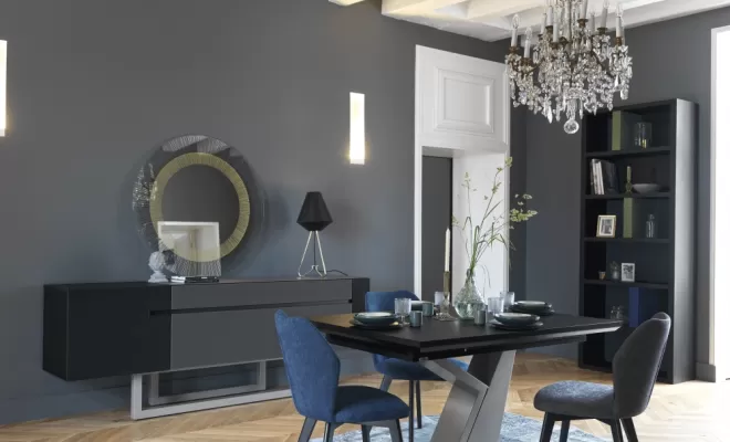 Enfilade Adulis noir et verre trempé gris anthracite pied en acier laque résine époxy