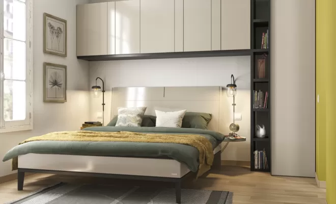 Aménagement chambre avec rangement lit pont sur mesure en grège et noir mat 