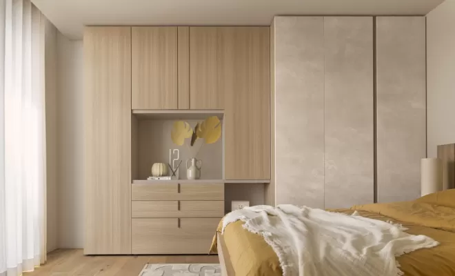 Dressing sur mesure imagine avec niche et tiroir de rangement en chêne structuré et grège natural