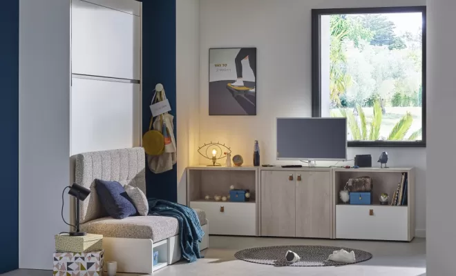 lit escamotable chant blanc vertical fermé avec banquette