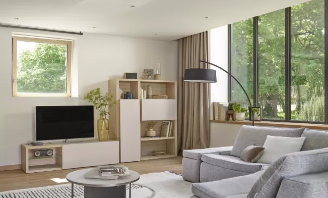 Composition TV Preface en chêne du bocage tiroirs et porte grège