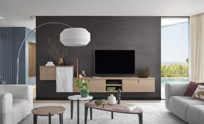 Composition TV imagine suspendu en finition noyer et marbré venato