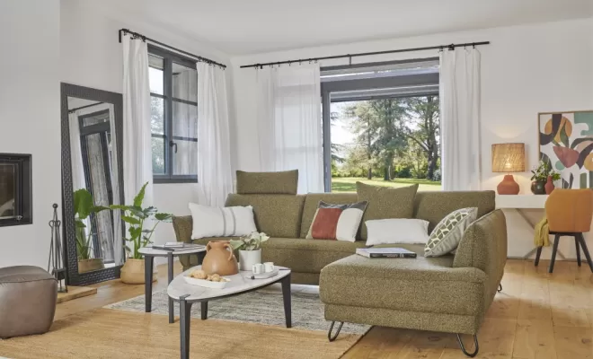 Canapé convertible Modulo en tissu avec méridienne et rangement coffre 