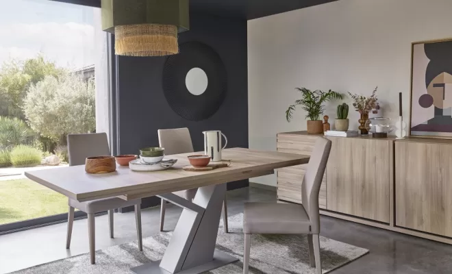 Table extensible pied Y plateau finition chêne du bocage avec pied en acier résine époxy gris 