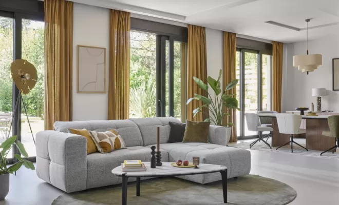 Canapé Tempo en tissu avec méridienne et accoudoir large têtière ajustable