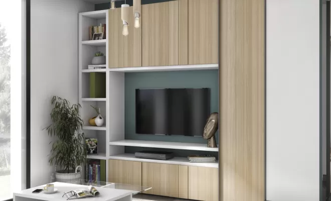 Composition TV en blanc et chêne structuré