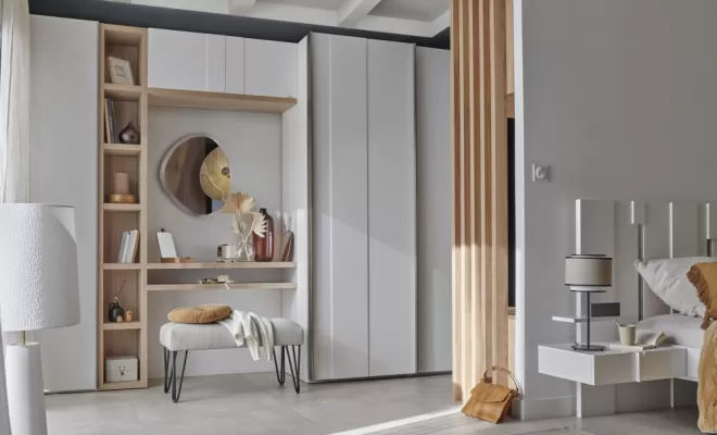 Dressing et coiffeuse en blanc et chêne structuré