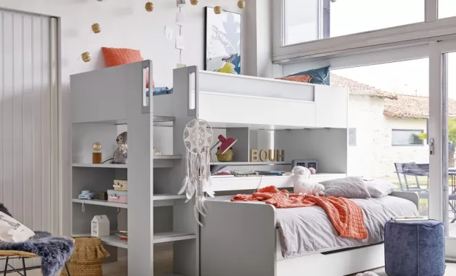 Lit mezzanine tout en un en blanc et gris