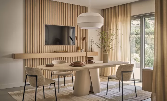 Table de salle à manger CONVIVE en en céramique beige et pied grège