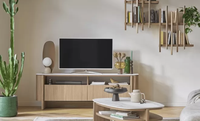 Meuble TV Atoll noyer et marbré blanc venato